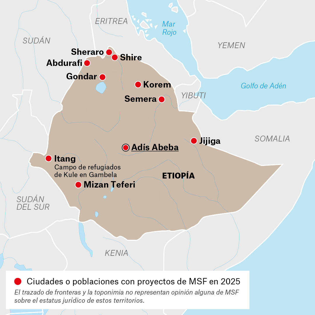 Mapa de proyectos de MSF en Etiopía en 2025