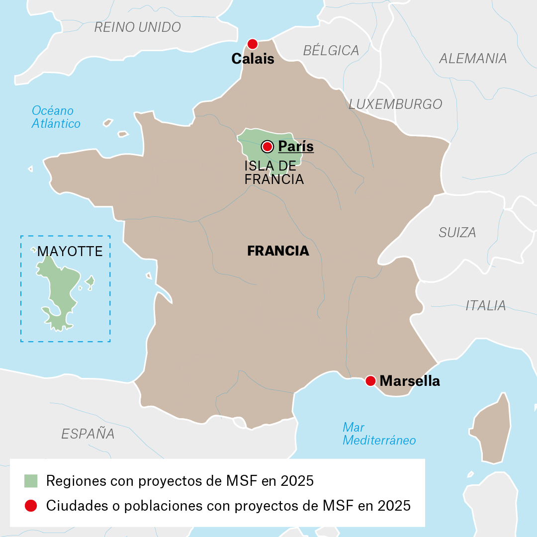 Mapa de proyectos de MSF en Francia en 2025