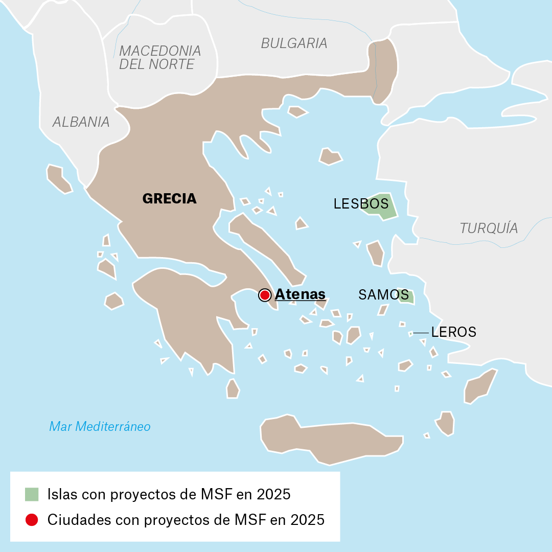 Mapa de proyectos de MSF en Grecia en 2025