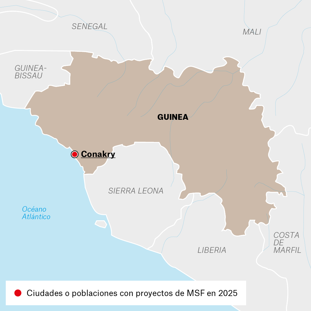 Mapa de proyectos de MSF en Guinea en 2025