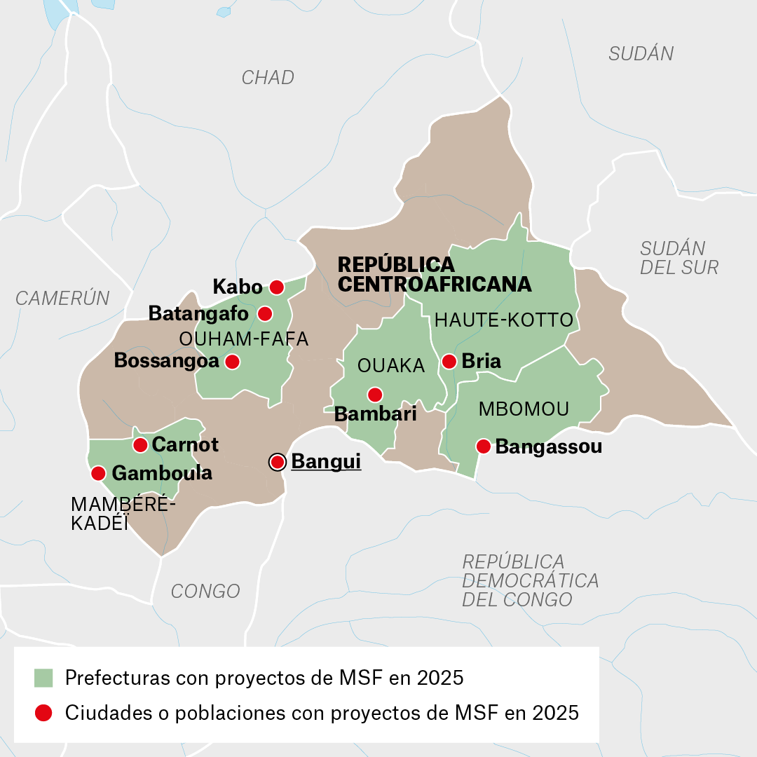 Mapa de proyectos de MSF en República Centroafricana en 2025