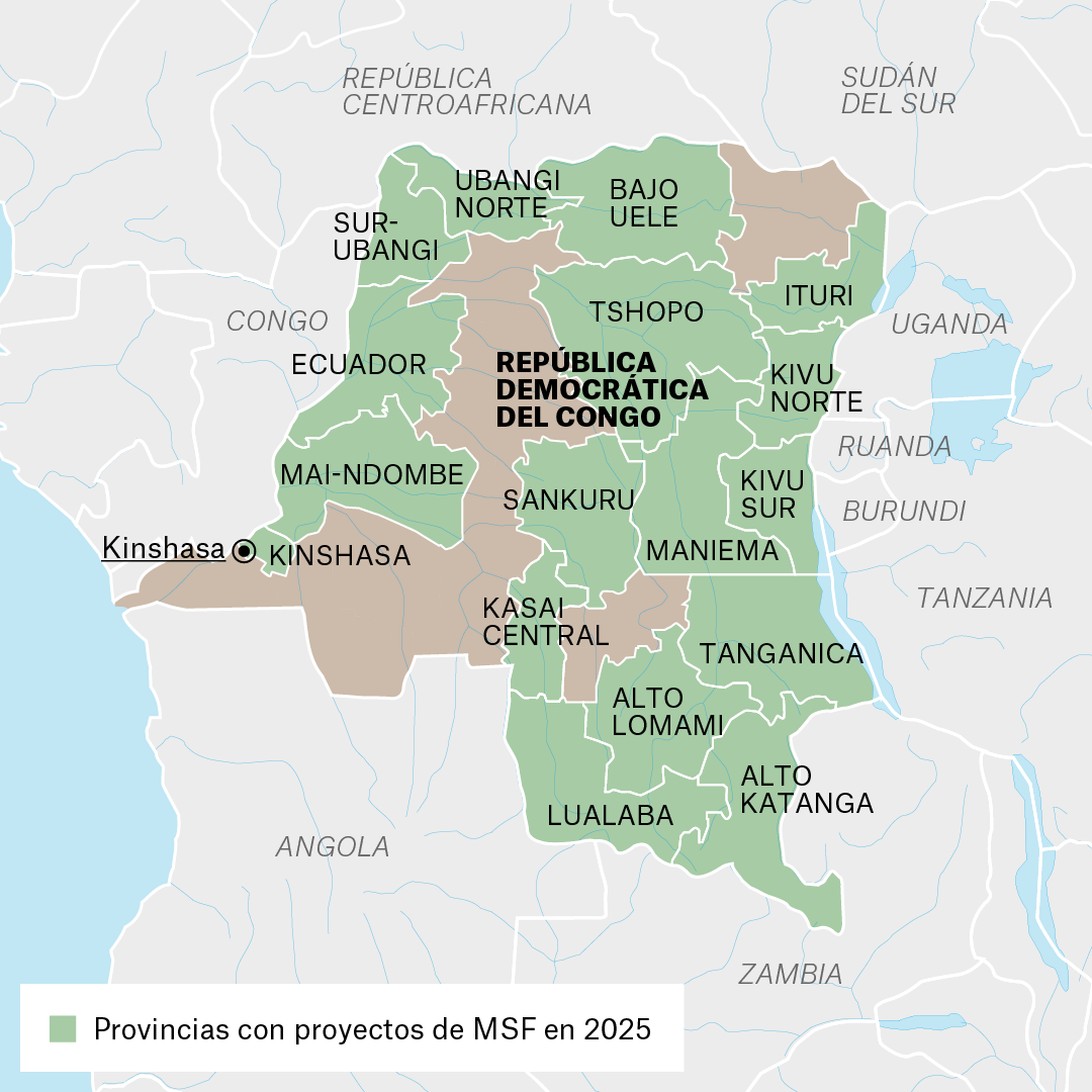 Mapa de proyectos de MSF en República Democrática del Congo en 2025