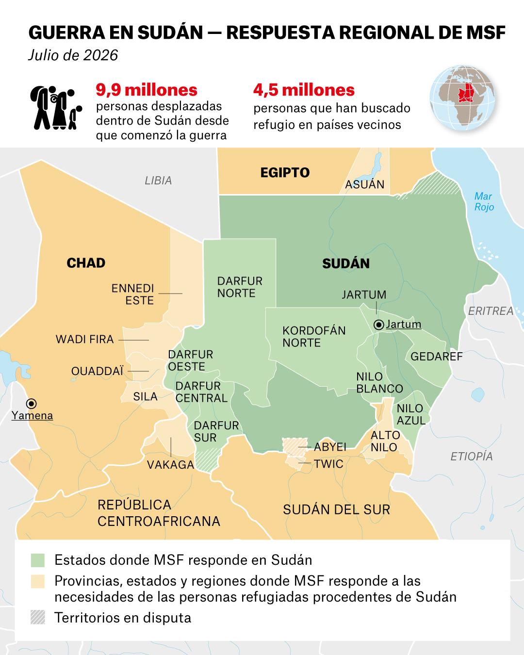 Mapa de la respuesta regional a la guerra en Sudán y países vecinos