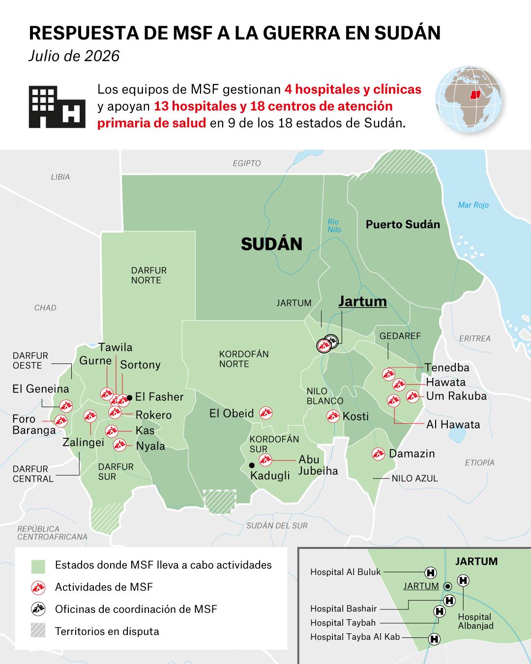 Mapa de la respuesta de MSF en Sudán - julio 2026