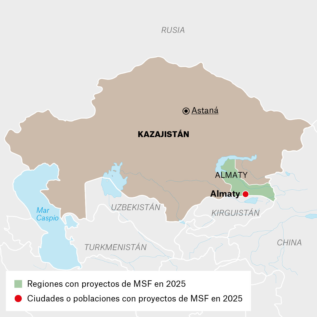 Mapa de proyectos de MSF en Kazajistán en 2025