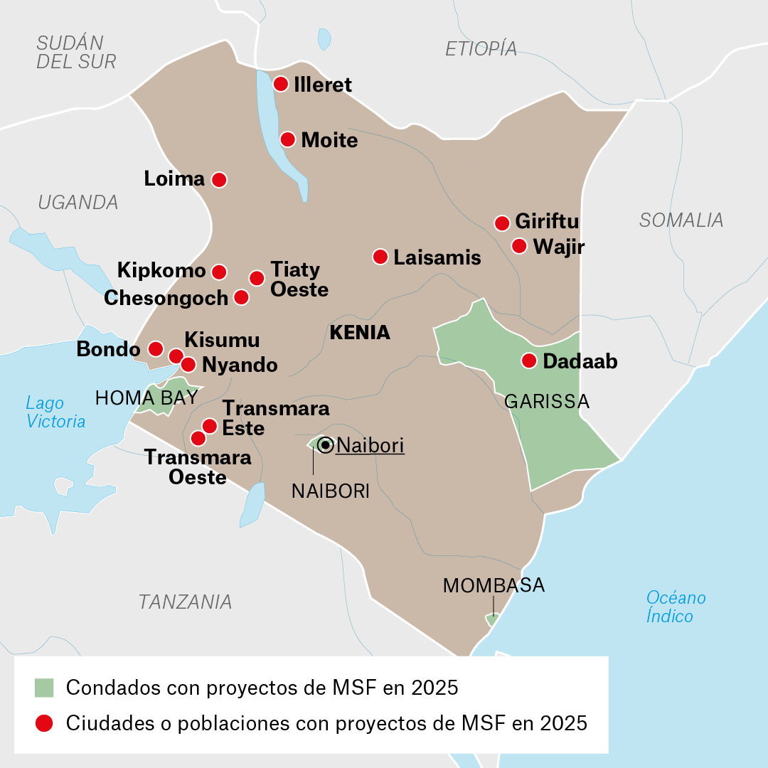 Mapa de proyectos de MSF en Kenia en 2025