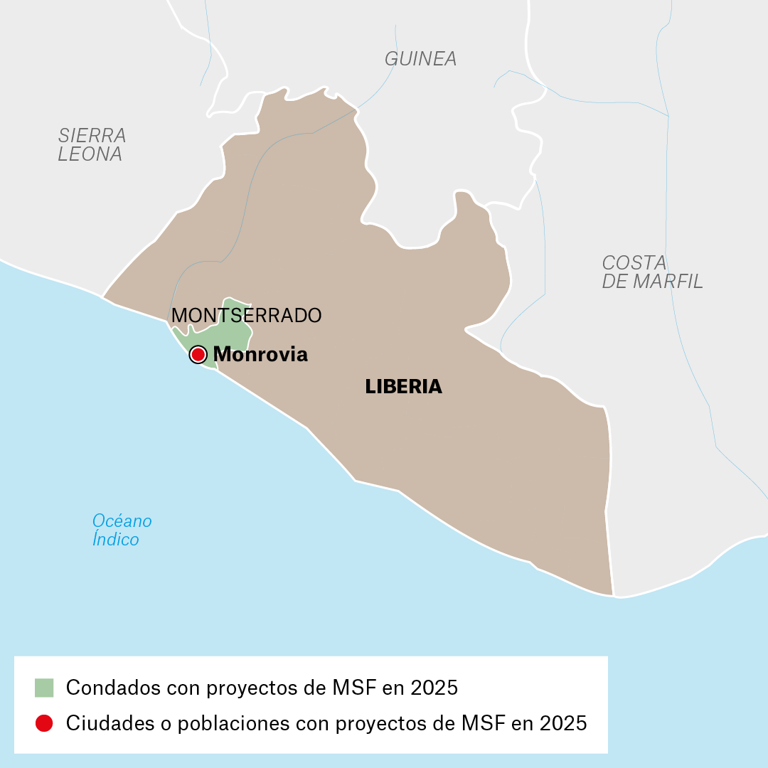 Mapa de proyectos de MSF en Liberia en 2025
