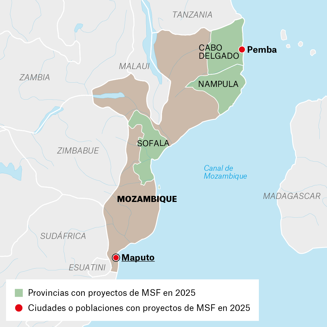 Mapa de proyectos de MSF en Mozambique en 2025