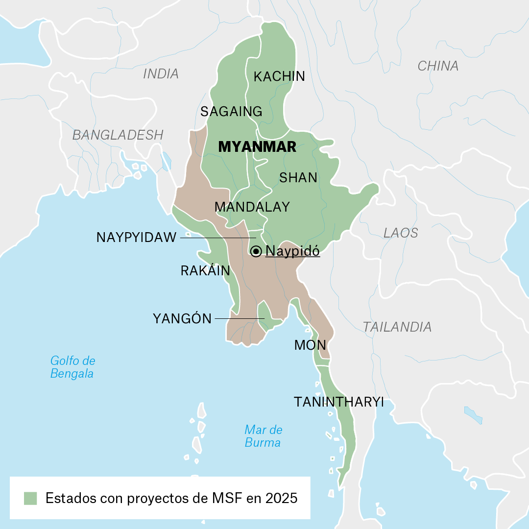 Mapa de proyectos de MSF en Myanmar en 2025