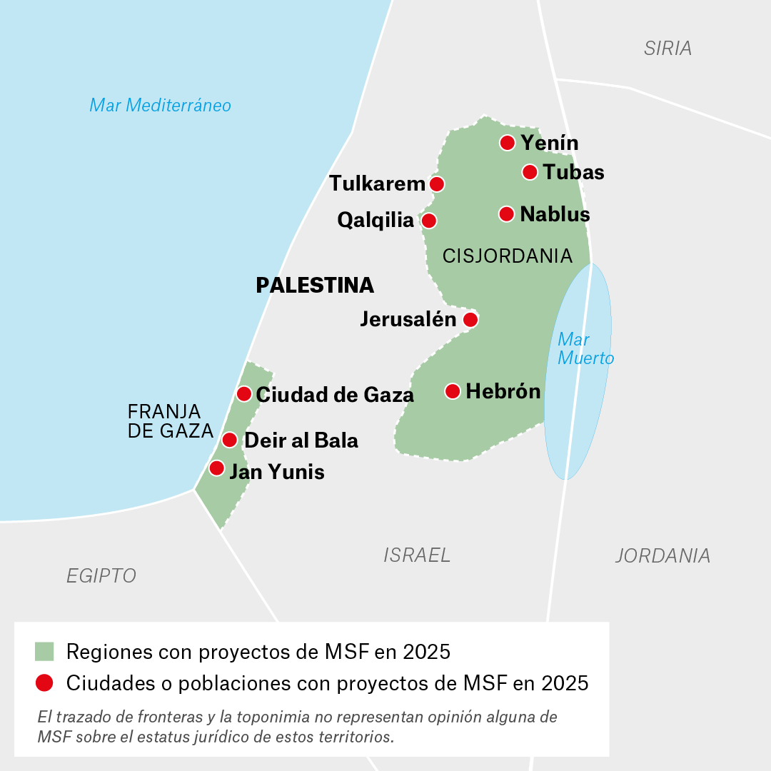 Mapa de proyectos de MSF en Palestina en 2025