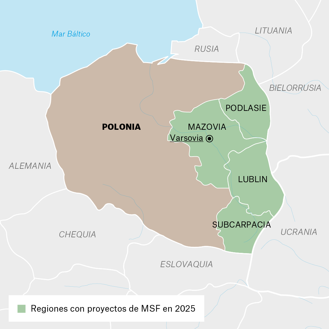 Mapa de proyectos de MSF en Polonia en 2025