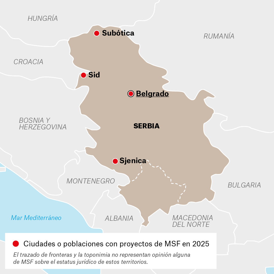 Mapa de proyectos de MSF en Serbia en 2025