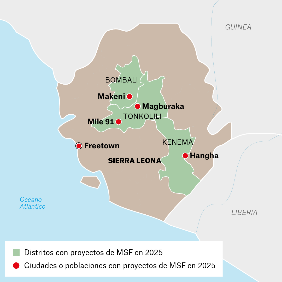 Mapa de proyectos de MSF en Sierra Leona en 2025
