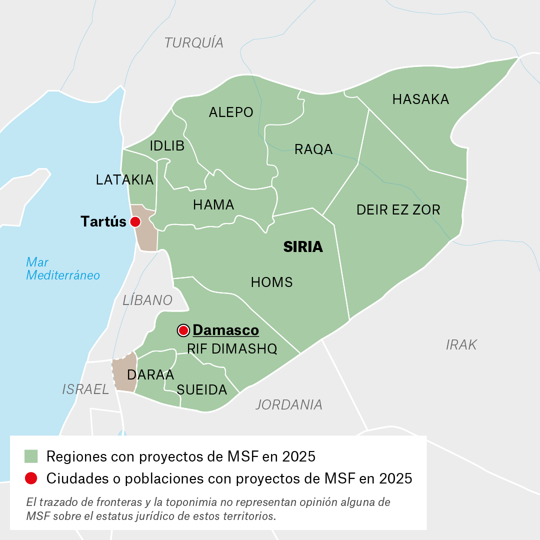 Mapa de proyectos de MSF en Siria en 2025