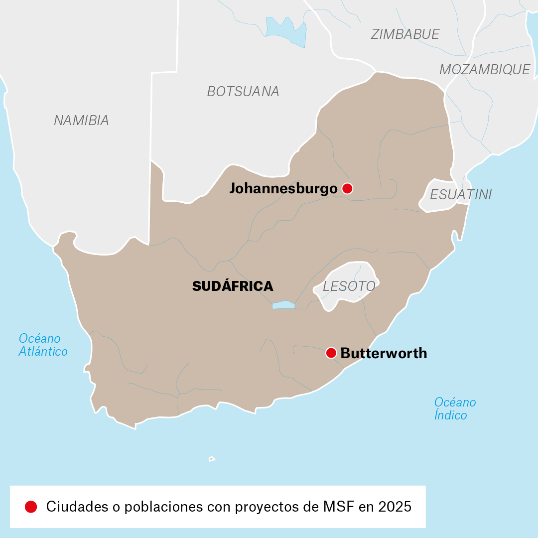 Mapa de proyectos de MSF en Sudáfrica en 2025
