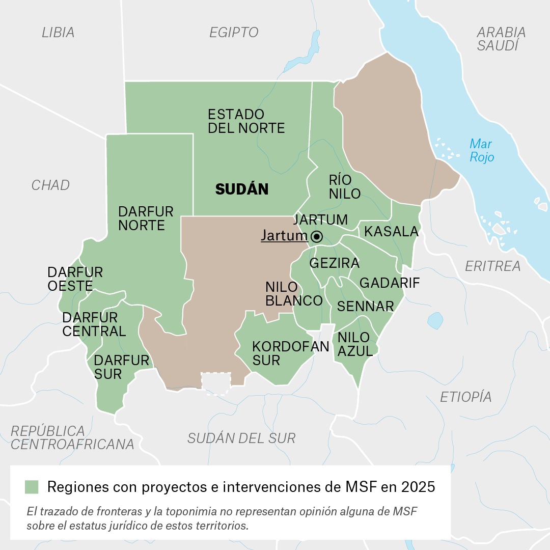 Mapa de proyectos de MSF en Sudán en 2025