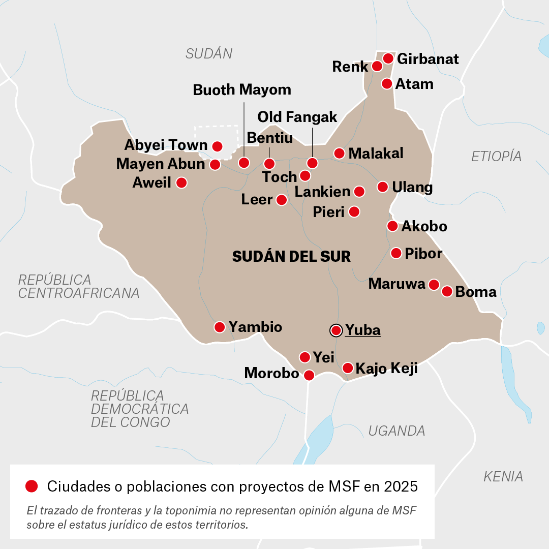 Mapa de proyectos de MSF en Sudán del Sur en 2025