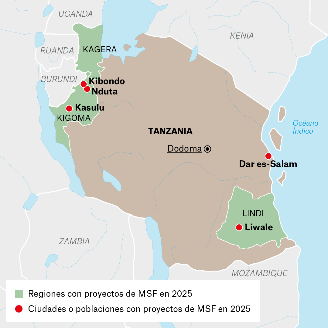 Mapa de proyectos de MSF en Tanzania en 2025
