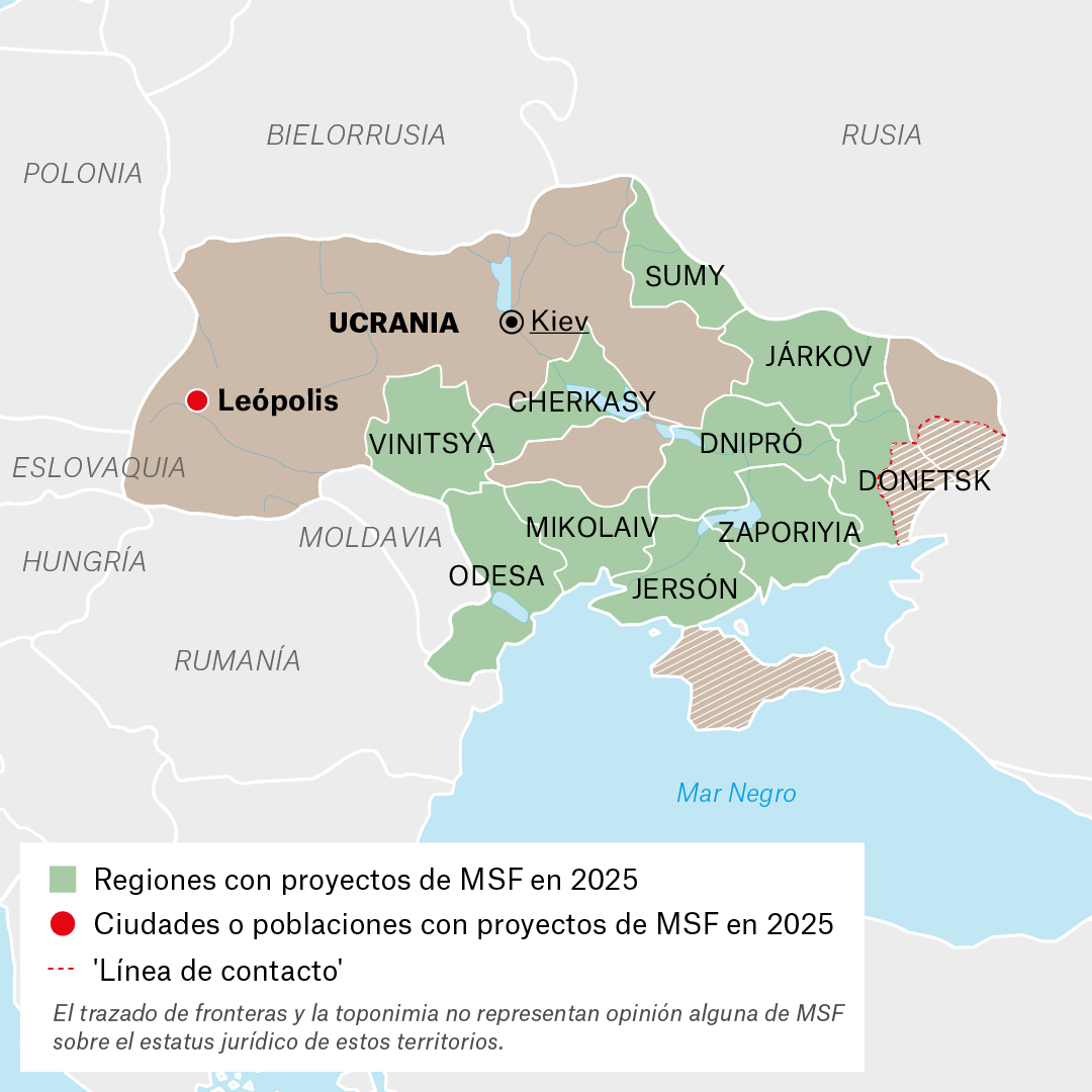 Mapa de proyectos de MSF en Ucrania en 2025