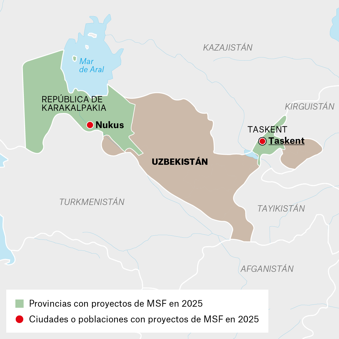 Mapa de proyectos de MSF en Uzbekistán en 2025