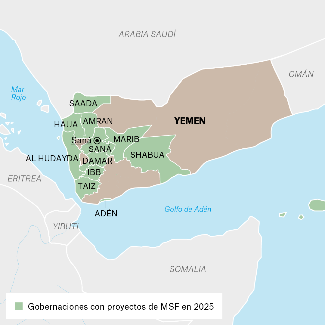 Mapa de proyectos de MSF en Yemen en 2025