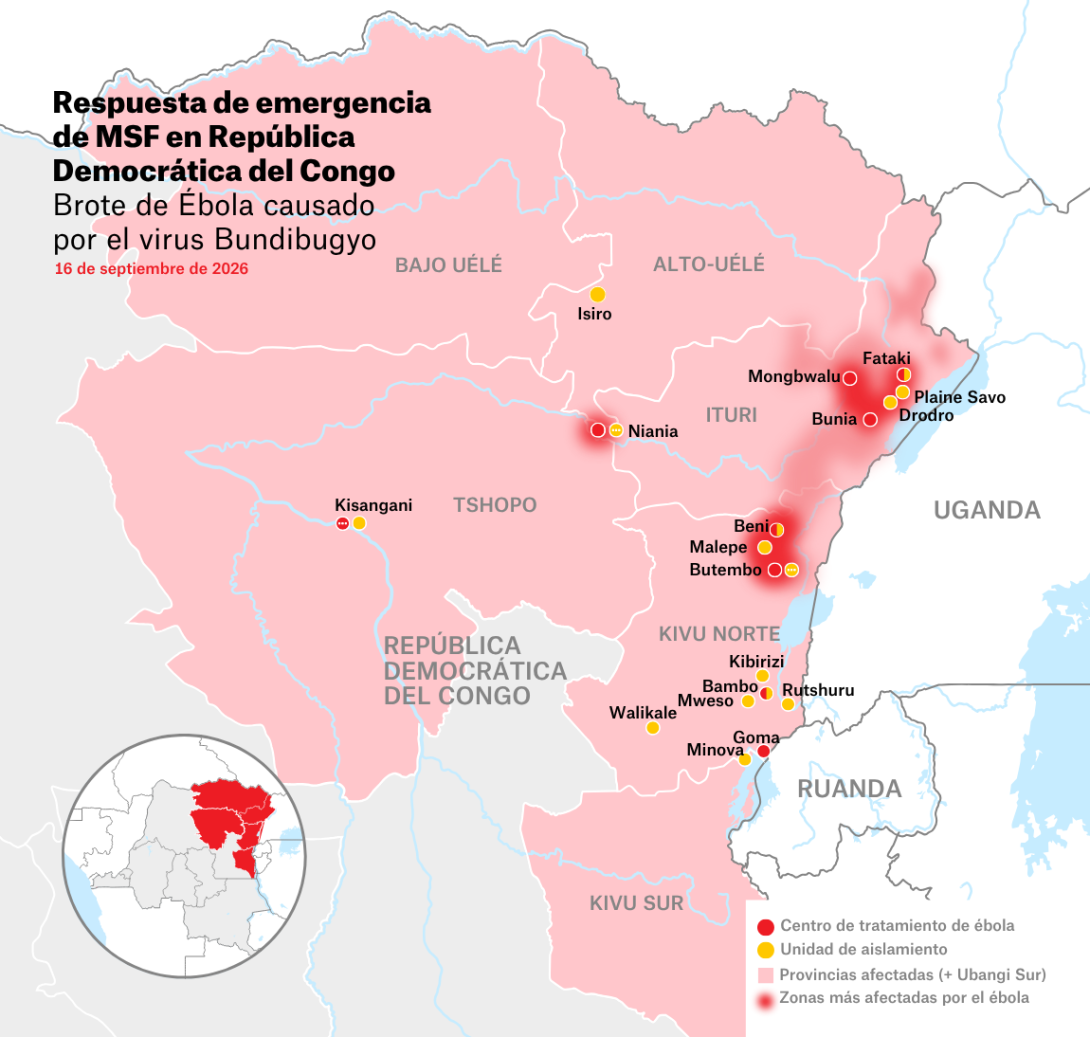 Mapa de la respuesta de emergencia de ébola de MSF en la RDC