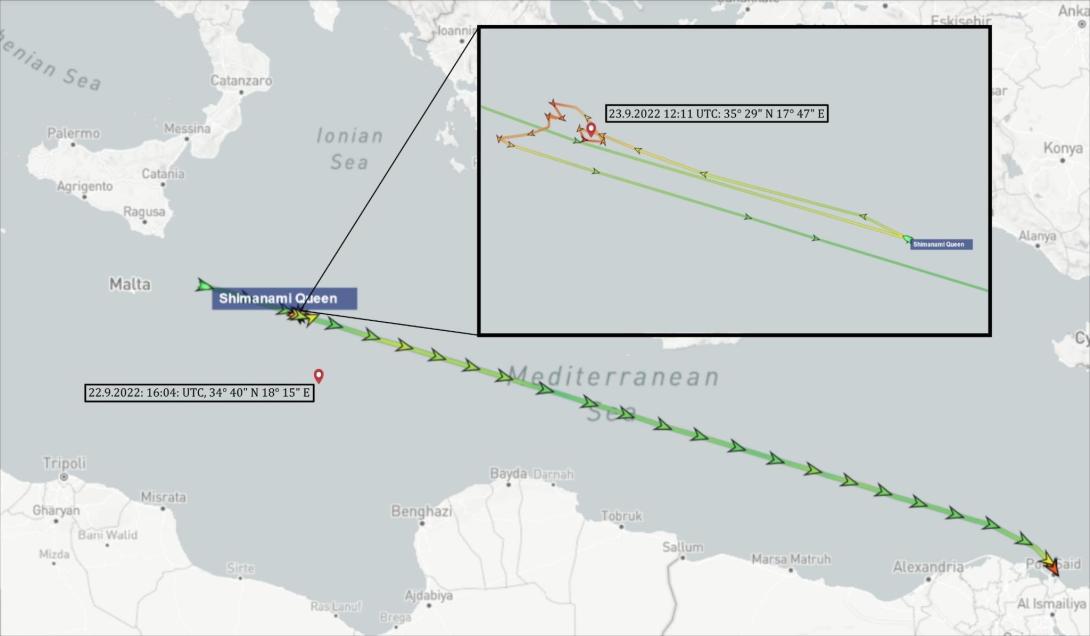 Recorrido del mercante Shimanami Queen tras rescatar a las personas en peligro