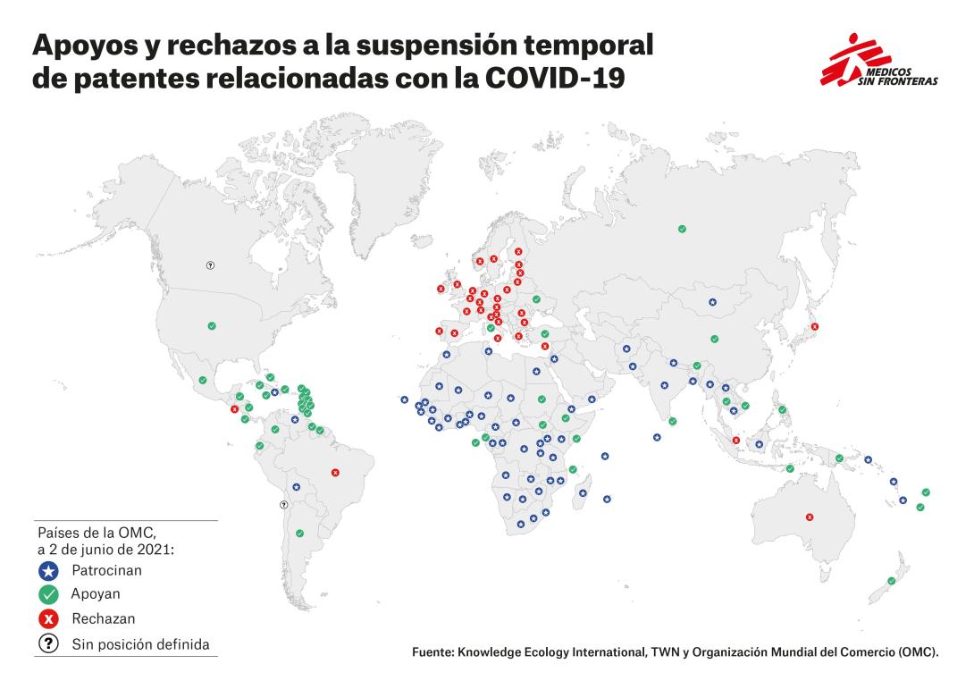 Mapa - Apoyos y rechazos a la suspensión temporal de patentes relacionadas con la COVID-19