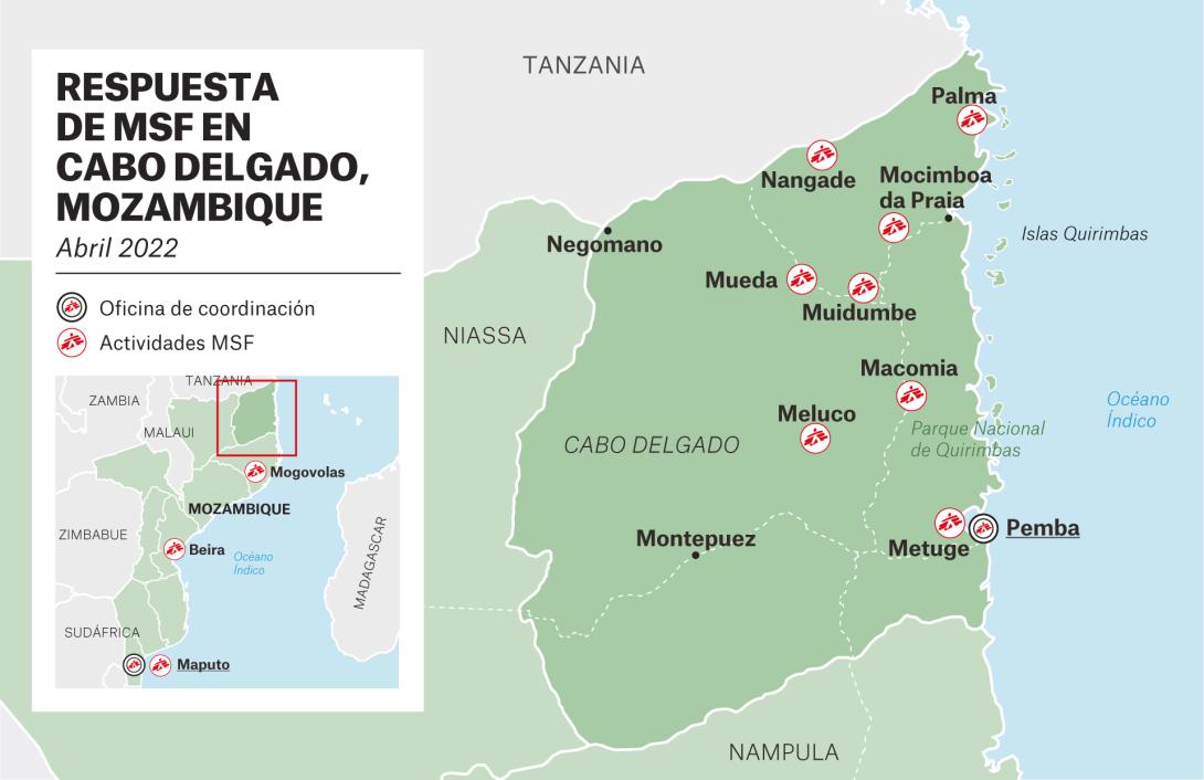 Mapa de la respuesta de MSF en Cabo Delgado, Mozambique. Abril de 2022