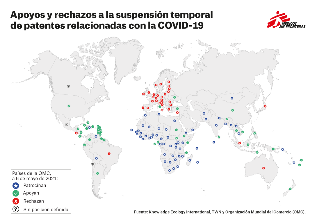 Mapa - Apoyos y rechazos a la suspensión temporal de patentes relacionadas con la COVID-19 Mapa - Apoyos y rechazos a la suspensión temporal de patentes relacionadas con la COVID-19