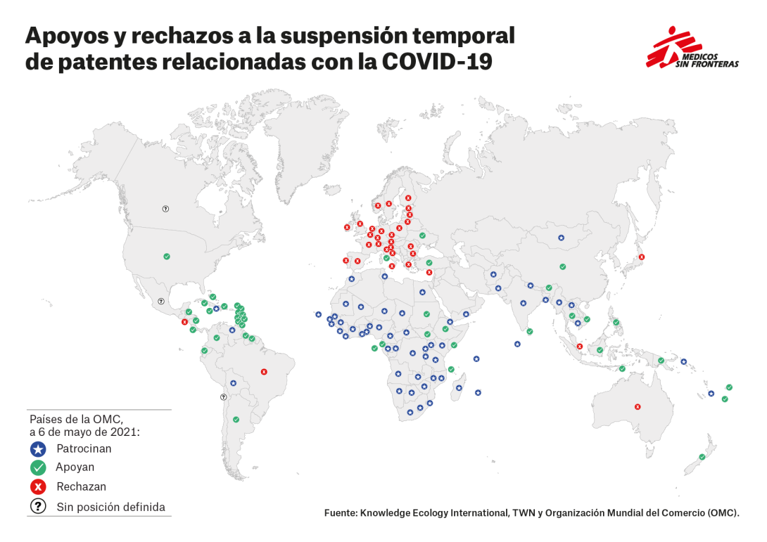 Mapa países a favor, indecisos y en contra de la suspensión temporal de patentes COVID-19 - 6 de mayo de 2021