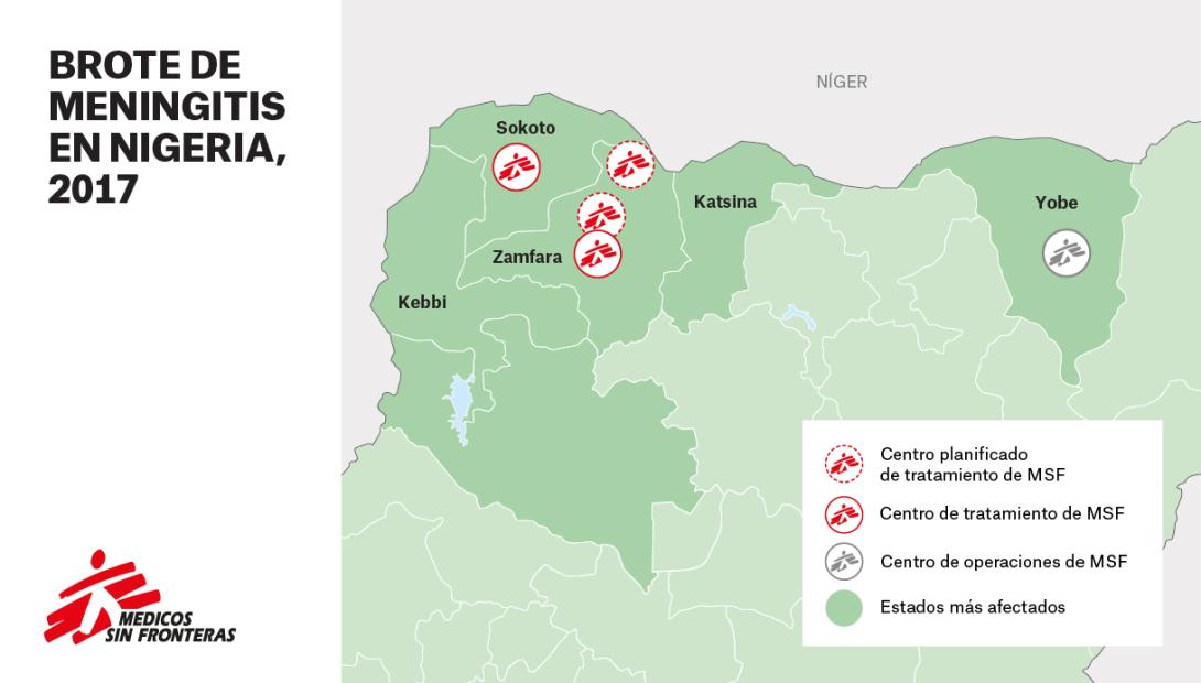 Mapa de la intervención de MSF en el brote de meningitis C en Nigeria