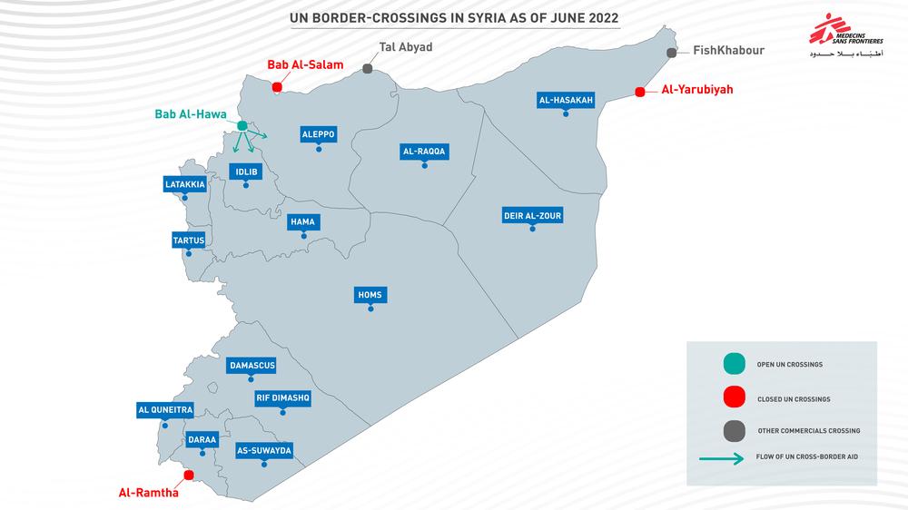 Mapa de los pasos fronterizos para la entrega de ayuda humanitaria (abiertos y cerrados) y de los pasos comerciales. Mapa de los pasos fronterizos para la entrega de ayuda humanitaria (abiertos y cerrados) y de los pasos comerciales.