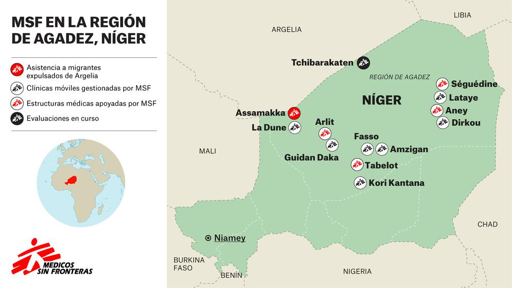 Mapa de las actividades de MSF en Níger, resaltando el trabajo en la región de Agadez